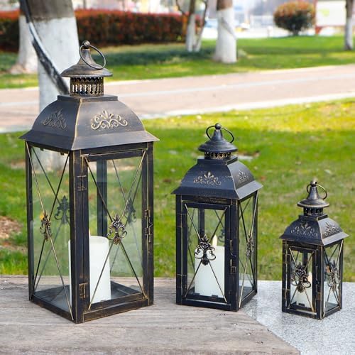 TRIROCKS Set of 3 Decorative Hanging Lantern 9.5/13.5/19" High Vintage Metal Candle Holder with Tempered Glass Perfect for Living Room Garden Yard Patio Parties Events Indoors Outdoors (Black) - Image 3