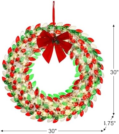 Mr. Christmas 30" Retro C9 Bulb Wreath - Red and Green with Warm White LED Lights - Image 3