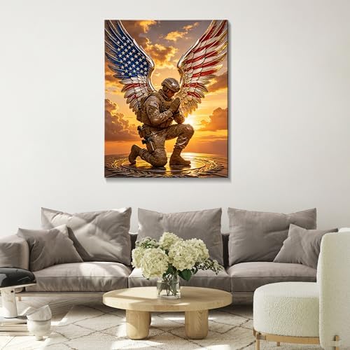July 4th Patriotic Canvas Wall Art 4th of July USA Decorations American Flag Angel Soldier Picture Wall Decor Independence Day Home Decor 20x24in - Image 2
