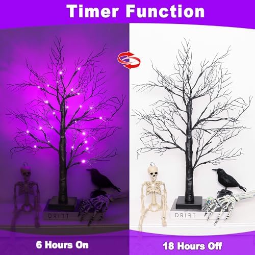 2 Pack 24 Inch Black Halloween Tree with 48 LED Purple Lights, Timer/USB/Battery Operated Halloween Table Decorations Lighted Spooky Tree for Home Office Room Decor Indoor - Image 4