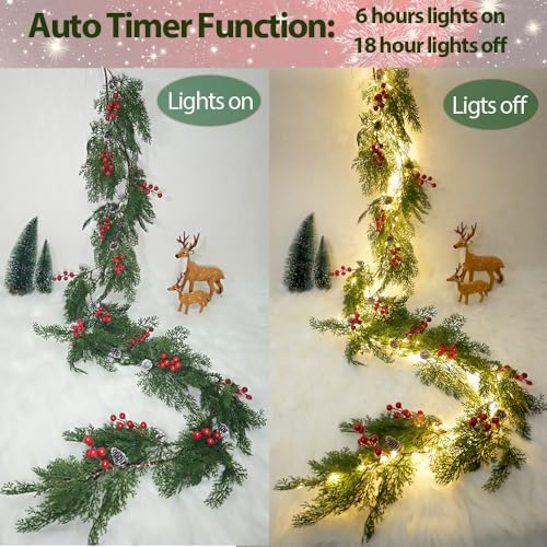 2025 New 6.56FT Christmas Garland Lights with 96 LED 8 Flash Modes Battery Operated Cypress Garland with Timer Lighted Xmas Pine Garland Christmas Decor for Mantle Fireplace Table Stairs Holiday - Image 4