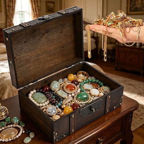 TeamSky Vintage Gray Wooden Storage Box with Lock, Rustic Jewelry Chest - Image 6