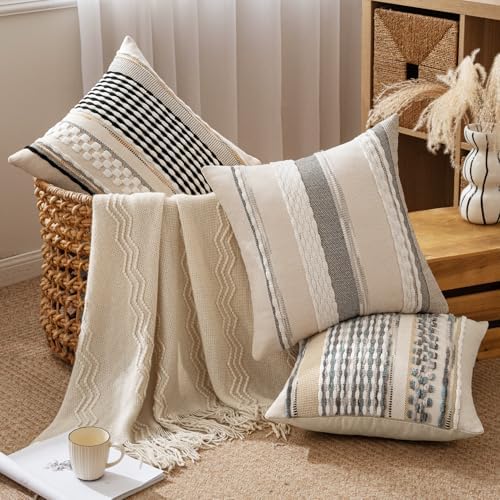 ANRODUO Boho Decorative Pillow Covers Gray Blue Stripe 26x26 Inch Pack of 2 - Image 3