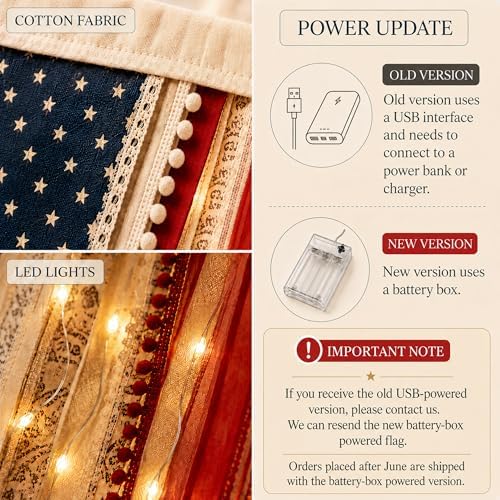 Lighted Rag American Flag Banner 4 x 2.3 Ft, Rag American Flag Banner for Home Party Supplies, Patriotic Wall Hanging for Memorial Day, Independence Day Party, Farmhouse Home Decor (Style2) - Image 2