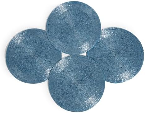 Lightnpro Handmade Beaded Placemats Set of 4 – 13 Inch Round Sky Blue,Handcrafted Artisan Table Accessories, Elegant Silver Farmhouse Dining Table Décor for Special Occasions & Gatherings by Lightnpro