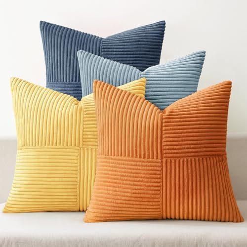 MIULEE Summer Yellow Blue Decorative Throw Pillow Covers 20x20 Inch Set of 4 Soft Corduroy Boho Patchwork Pillow Covers Modern Farmhouse Bright Home Decor for Sofa Living Room Couch Bed by MIULEE