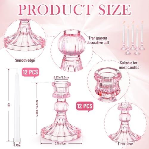 Suclain 24 Pcs Glass Candle Holder Set 12 Candlestick White Candles,Pink - Image 4