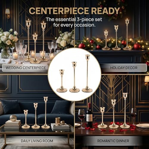 18 pcs Gold Candlestick Holders Set, 3 Sizes Metal Taper Candle Holders Weighted with Anti-Slip Pad, Vintage Finish Candle Sticks for Wedding Centerpieces, Christmas Mantel, Fireplace & Table Decor - Image 7