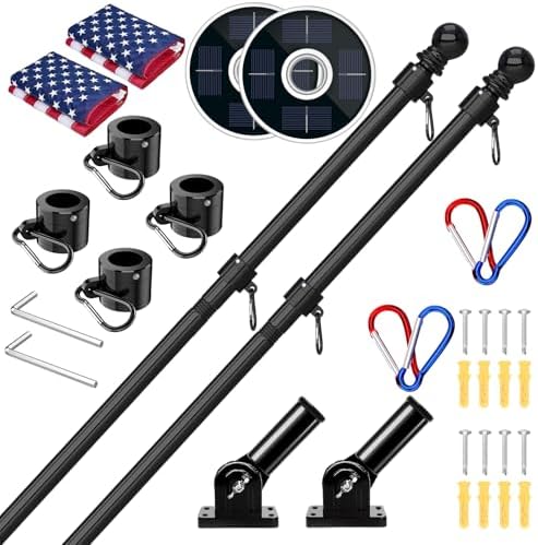 ZMTECH 2 Pack 5FT Flag Pole Kit with Solar Light and Proud American Flag, Adjustable Bracket and Upgraded Tangle-Free Ring 1" Stainless Steel Flagpole for Day and Night, Residential, Commercial, Black by HighQualityGardeningTools