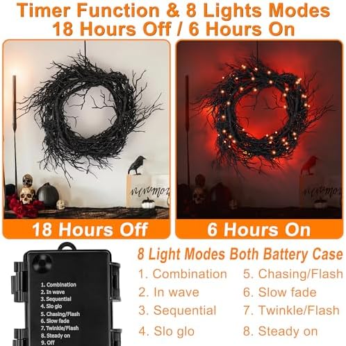 9 Ft 66 LED Willow Vine Twig Decor Black Halloween Garland with Orange Lights, Timer 8 Modes Waterproof Battery Operated Indoor Halloween Decorations for Wall Fireplace Mantle Home Office Party Decor - Image 2