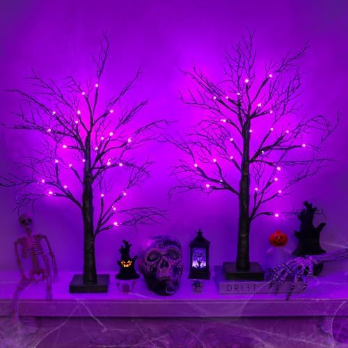 2 Pack 24 Inch Black Halloween Tree with 48 LED Purple Lights, Timer/USB/Battery Operated Halloween Table Decorations Lighted Spooky Tree for Home Office Room Decor Indoor - Image 2