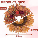 24 Inch Fall Wreath for Front Door, Autumn Wreath with Pumpkins, Roses, Maple Leaves, Harvest Fall Door Wreath for Porch, Window, Mantel, Thanksgiving Farmhouse Decor - Image 3