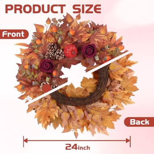 24 Inch Fall Wreath for Front Door, Autumn Wreath with Pumpkins, Roses, Maple Leaves, Harvest Fall Door Wreath for Porch, Window, Mantel, Thanksgiving Farmhouse Decor - Image 3