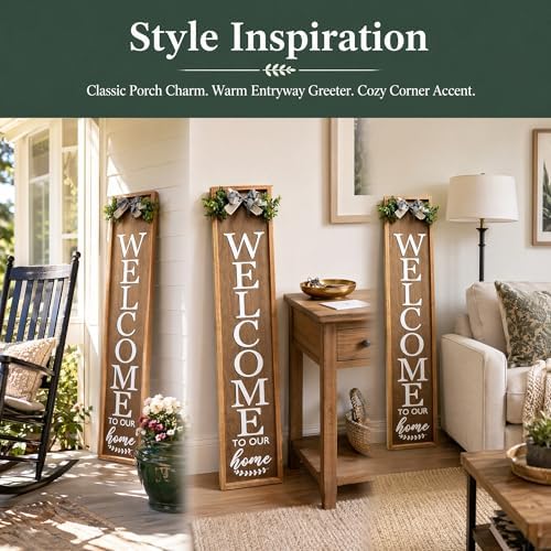 Vertical Wooden Welcome Sign for Front Porch Standing 45x9 Inch Large Wood Frame Outdoor Welcome Sign for Farmhouse Rustic Home Modern Outside Front Door Vertical Decorations(Brown) - Image 4
