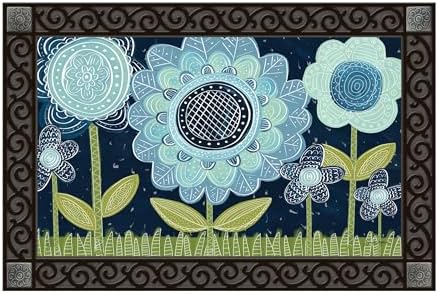 Studio M MatMates Decorative Folk Art Floral Floor Mat Insert Indoor or Outdoor Doormat Recycled Rubber Backing 18 x 30 Inch Blue Flowers by StudioM