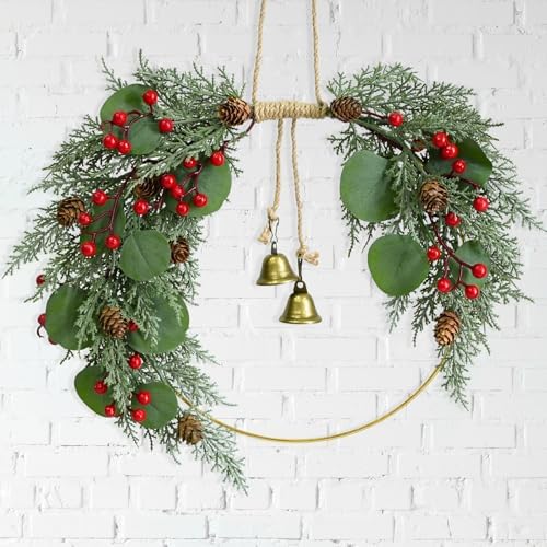 Christmas Wreath for Front Door Artificial Half Circle Wreaths with Bell Pine Cones Red Berries Eucalyptus Leaves Outdoor Wreath for Farmhouse Front Porch Window Christmas Decorations by CMINAUS