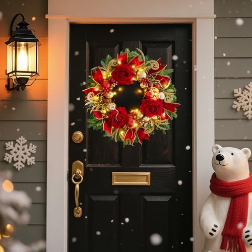 Christmas Wreaths for Front Door–24Inch Outdoor Christmas Door Wreath with Lights,Classic Xmas Wreath with Pinecone,White Berries and Silver Ornaments Design, Holiday Outdoor Wreaths Decor - Image 5