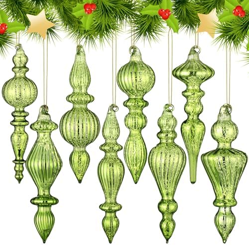 Mifoci 8 Pcs 6 Inch Mercury Glass Finial Christmas Ornaments,Fresh Green by Mifoci