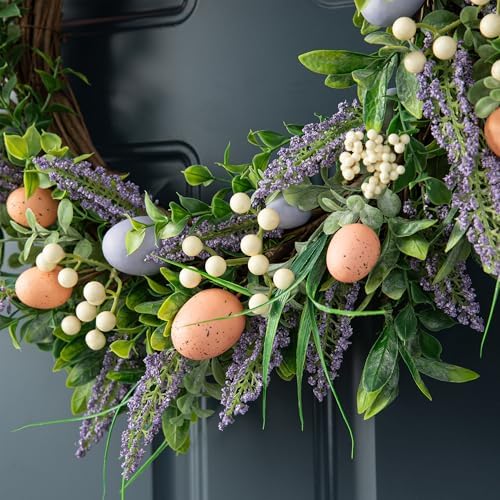Glitzhome 22" D Easter Wreath with Artificial Easter Eggs Berries and Lavender for Front Door Wall Decor, Spring Easter Garland with Colored Eggs Berries Holiday Decoration - Image 6