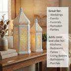 VELA LANTERNS Large Temple Tower Moroccan Lantern Lamp Decorative Candle Holders for Ramadan Decorations, Hanging, Outdoor Patio or Porch, Indoor Home Decor, Weddings, White, Set of 2 - Image 3