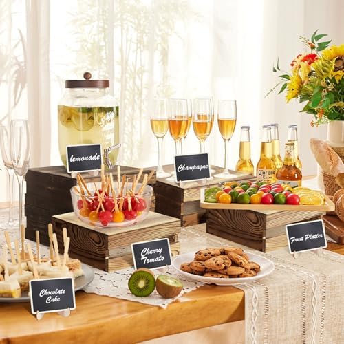 4 Pcs Buffet Risers with Mini Signs, Rustic Wood Cake Stands, Food Risers for Buffet Table, Dessert Display Stand, Wood Crates, Rustic Cake Stand for Party, Wedding, Birthday, Baby Shower, 4 Sizes - Image 2