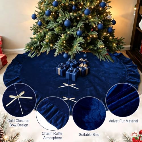 60 Inches Velvet Christmas Tree Skirt Decorations Blue Luxury Xmas Fur Plush Skirts for Merry Christmas Party Rustic Vintage Holiday Home Winter - Image 5