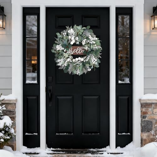 Winter Wreaths Front Door, Soomeir 24 Inch Winter Door Wreath with Snow Leaves, Pines Needles and Hello Wooden Sign for Home Window Mantle Indoor Outdoor Decor - Image 6