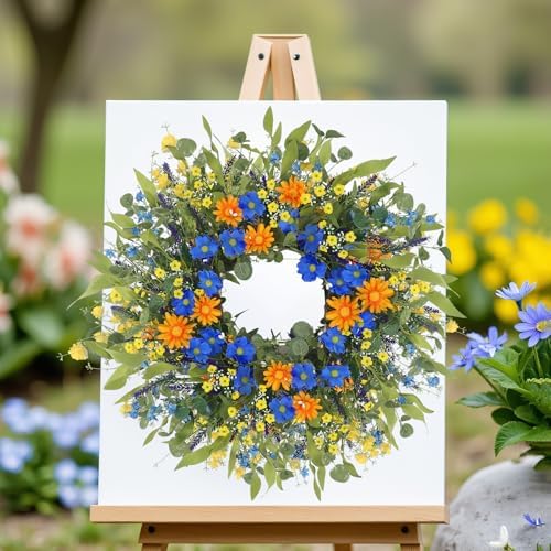 LOKEISNA Daisy Sunflower Wreath Decor, 24 Inch Summer Wreaths for Front Door Outside, Handmade Blue Orange Floral Eucalyptus Wreath for Front Door Farmhouse Home Décor Gift - Image 3