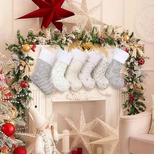 Amorita White Christmas Stockings Set of 6 - Lage Elegant Xmas Stockings with Silver Christmas Tree Snowflake Designs, Fluffy Grey and White Christmas Stockings for Holiday Party Decorations 20 inch - Image 3