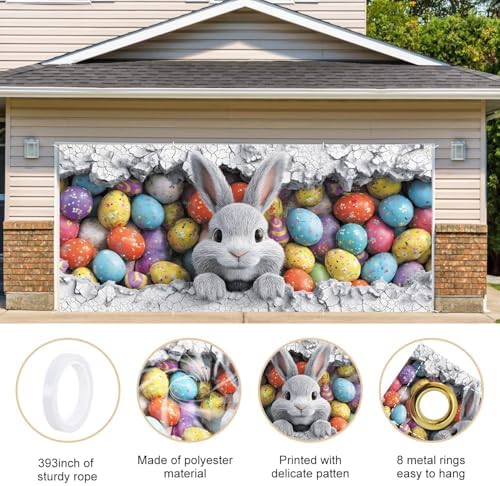 ANNA QUEEN Easter Bunny Garage Door Banner 6x13FT, Cute Rabbit Peeking Cracked Wall Garage Door Cover with Colorful Eggs, Large Outdoor Spring Decoration Backdrop for Double Garage Door & Egg Hunt Party - Image 4