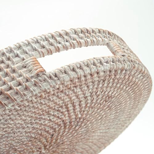14" Round Rattan Tray, Hand Woven Serving Tray with Handles, Wicker Serving Basket, Decorative Tray for Home Decor, Whitewash - Image 3