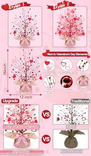 TURNMEON 2 Pack Valentine's Day Tree Tabletop Decorations - 16 Inch Battery Operated with 14 Red Pink Hearts and 32 Red Berries for Home, Table, Bedroom, Indoor Party, Wedding Decor - Image 5