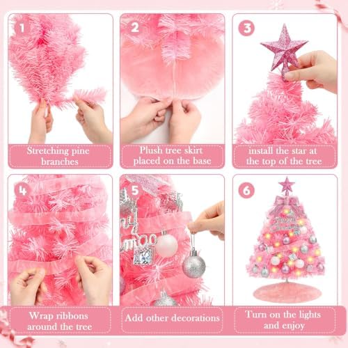 2FT Pink Mini Christmas Tree with Lights, Balls Tree Skirt 8 Lighting Modes - Image 5