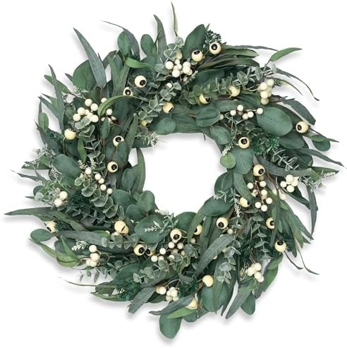 Wreaths for Front Door 26 Inch, All Season Greenery Wreath Olive Eucalyptus Leaves and White Mixed Berry for Indoor Outdoor Farmhouse Home Porch Wall Window Festival Wedding Decor - Image 2