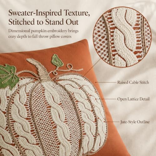 Embroidered Fall Throw Pillow Covers,18x18 Inch Set of 2,Rust Cable - Image 3