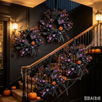 6 Pcs Small Halloween Hanging Wreaths with Black Foliage Purple Berries Orange Mini Pumpkins Purple Flowers Decor Balls Black Sheer Ribbon Gothic Mini Cabinet Wreath for Halloween Party Decor - Image 7