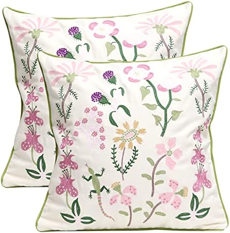 Set of 2 Embroidered Decorative Throw Pillow Covers Couch Square Pillowcases Cushion for Bedroom Sofa Farmhouse Decor 18x18 Inch (Gecko Flower) by Pilmandu