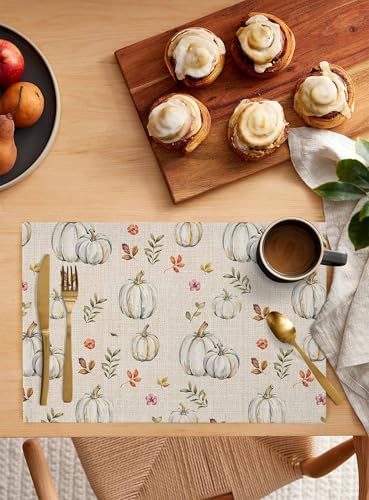 Thanksgiving Placemats Set of 4, Grey Pumpkin Leaves Fall Harvest Burlap Placemats for Dining Table Place Mats for Kitchen Table Waterproof Table Mats, Wipeable Dining Table Set - Image 2