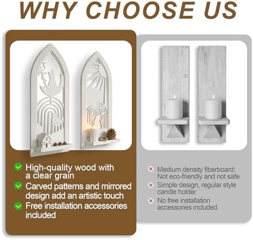 ZEXUIRU 2 Set Rustic Candle Sconces Living Room Bedroom Entryway Wood Mirrored, Farmhouse, Carved Frame Wall-Mount Wooden Candle Holders Wall Decor Hanging Handmade Holder - Distressed White - Image 5