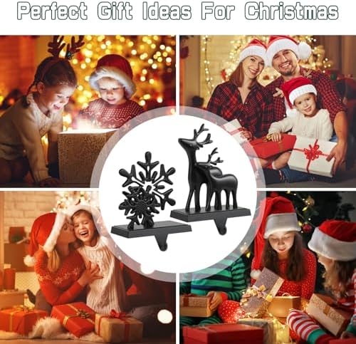 Christmas Stocking Holders for Mantle Set of 2, Anti-Slip Retro Black Bronze Christmas Reindeer and Snowflake Stocking Hangers, Metal Stocking Holder for Christmas Fireplace Mantel Decorations - Image 7