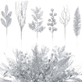 Silver 66 Pcs Christmas Glitter Picks and Sprays, Xmas Artificial Floral Stems Branches Berry Leaf Pine for Tree Topper Wreath Garland Centerpiece Holiday Party Home Decor by Vertintong