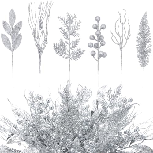 Silver 66 Pcs Christmas Glitter Picks and Sprays, Xmas Artificial Floral Stems Branches Berry Leaf Pine for Tree Topper Wreath Garland Centerpiece Holiday Party Home Decor by Vertintong