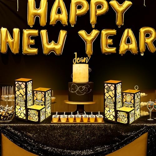 VIHOSE 12 Sets Happy New Year Centerpieces for Table 2026 New Years Lanterns with Candle Black and Gold Glitter Table Decorations for 2026 Eve Party Decoration Supplies - Image 5