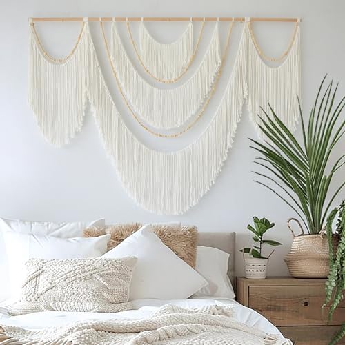 Macrame Wall Hanging Boho Yarn Art Tassel Beaded Handmade Decor 57"W*41"L - Image 4
