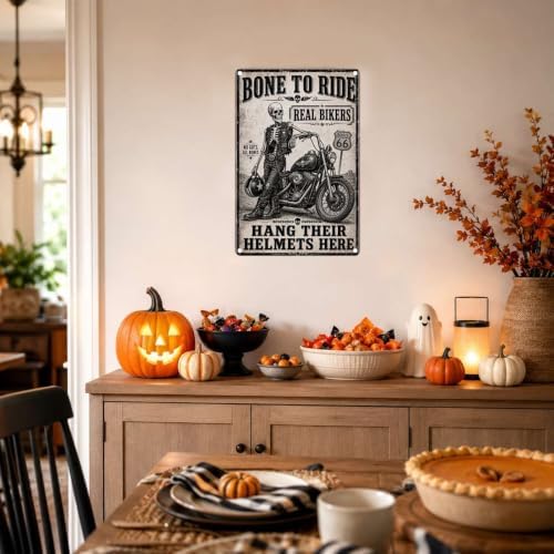 Vintage Metal Tin Sign Halloween Skeleton Biker Motorcycle Retro Wall Decor for Garage Man Cave 8×12 Inches with Metal Frame - Image 4