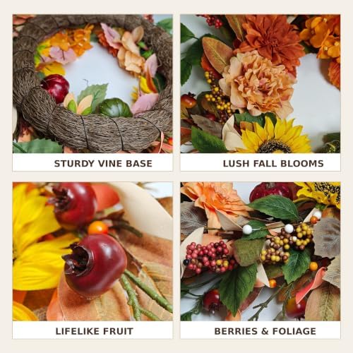 24 Inch Fall Wreaths for Front Door, Sunflower Fall Wreath - Image 3