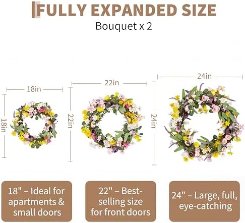 22in Faux Tulip Spring Sumemr Wreath, Artificial Tulip and Lavender Wreath with 2 Matching Bouquets, Fake Flower Door Wreath with Real Rattan Base, Front Door Home Decor Mother's Day - Image 4