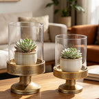 Set of 2 Glass Hurricane Candle Holders for Pillars with Metal Base in Gold, Glass Candle Holder, Centerpiece, for Weddings, Dinner Parties, Dining Tables, Console Tables, Mantels - Image 5
