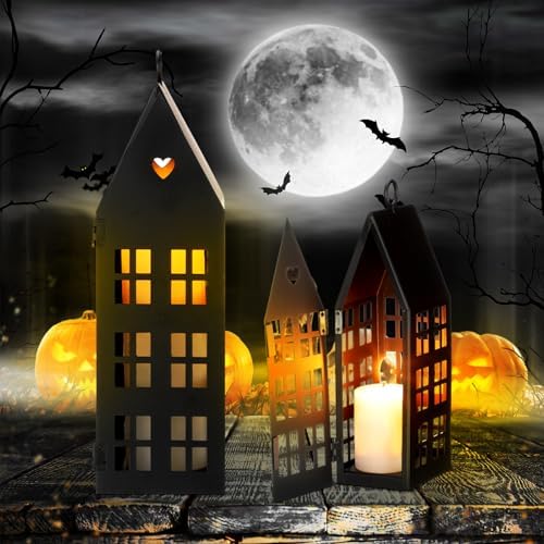 SiliFine 2 Pcs Halloween Haunted House Lanterns with 2 Candles, 9.44", 7" - Image 5