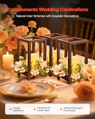 VEVOR 20 Set/60 Pcs Wooden Wedding Lantern Centerpiece, Includes 20 Wooden Lantern Candle Holder 20 Flameless LED Candle 20 Champagne Flower Wreath for Wedding Table Party Farmhouse Decor, Brown - Image 2